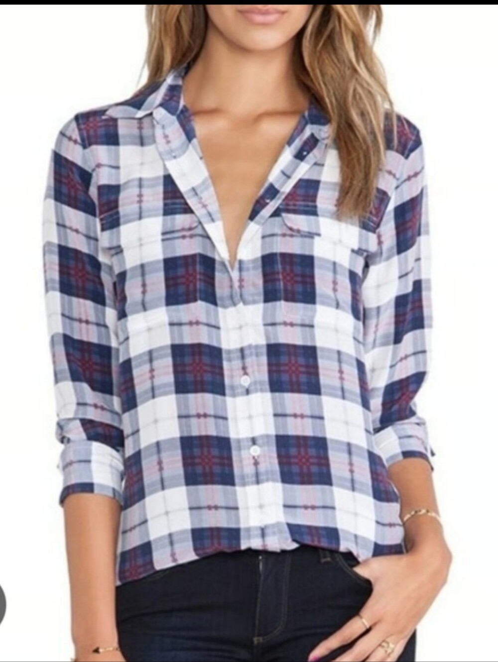 Equipment Plaid Button-Down Silk Shirt - Navy, White & Red
